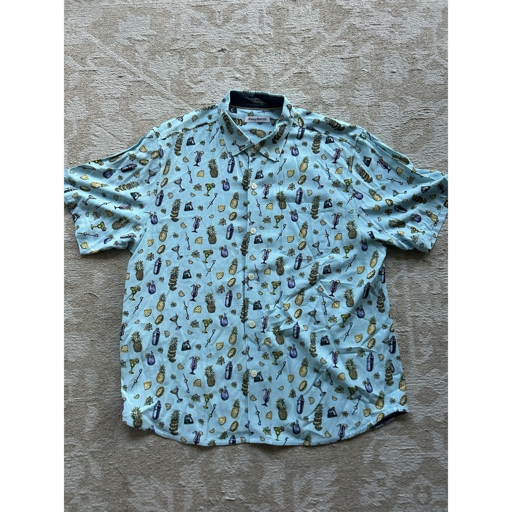 Tommy Bahama Button Down Shirt Mens XL Blue Silk Cocktail Tropical Print Mixer